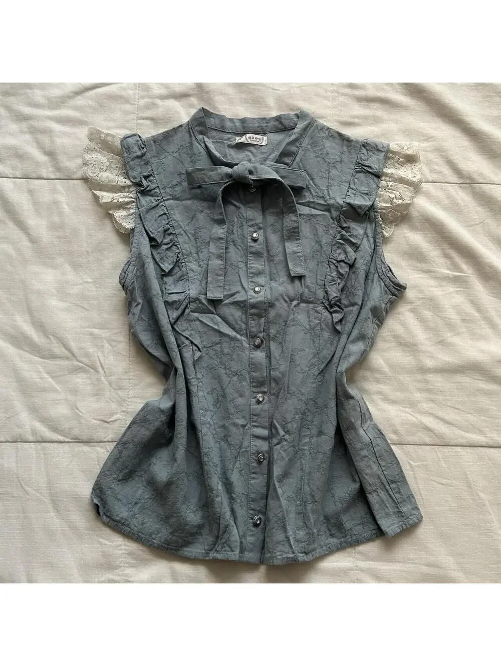 Axes Femme Dusty Blue Blouse Lace Cap Sleeve Bow Ruffle Button M Japan